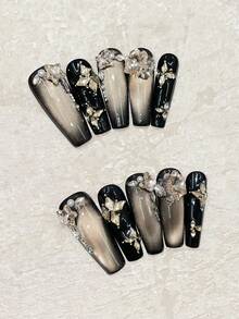 10片装奢华闪亮黑金猫眼美甲贴纸，可重复使用手工美甲贴片，适合约会、派对、音乐会、送礼等场合，美甲用品，手工按压式美甲贴片 - 黑色 - 查看 23