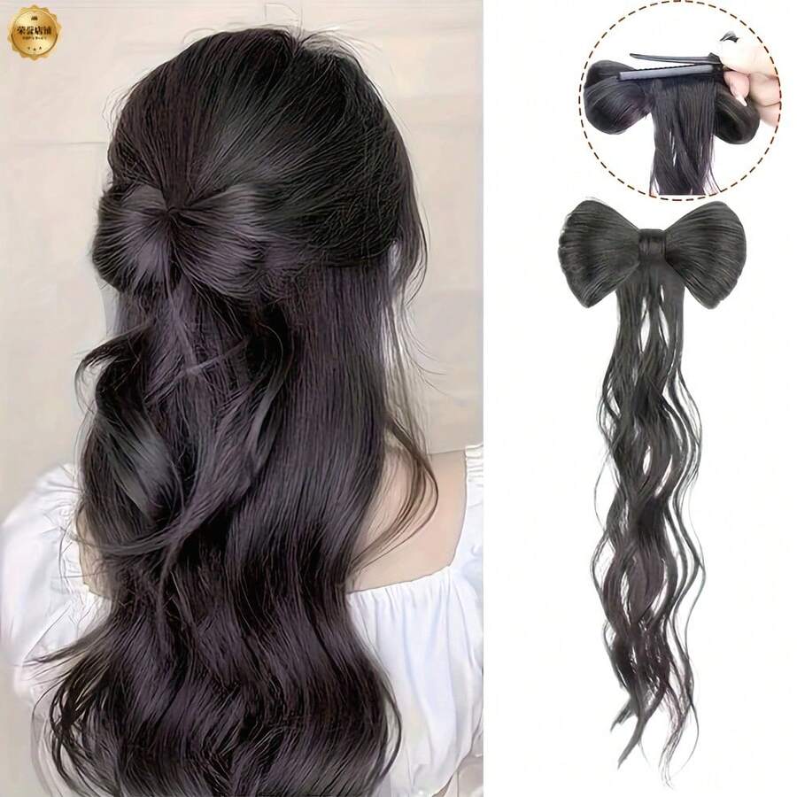 14inch Protein Silk Bowknot Ponytail Wig For Women Half Updo High Ponytail Feather Curly Hair Claw Clip Hair Bun Ancient Style Wig Braid - 深棕色 - 查看 1