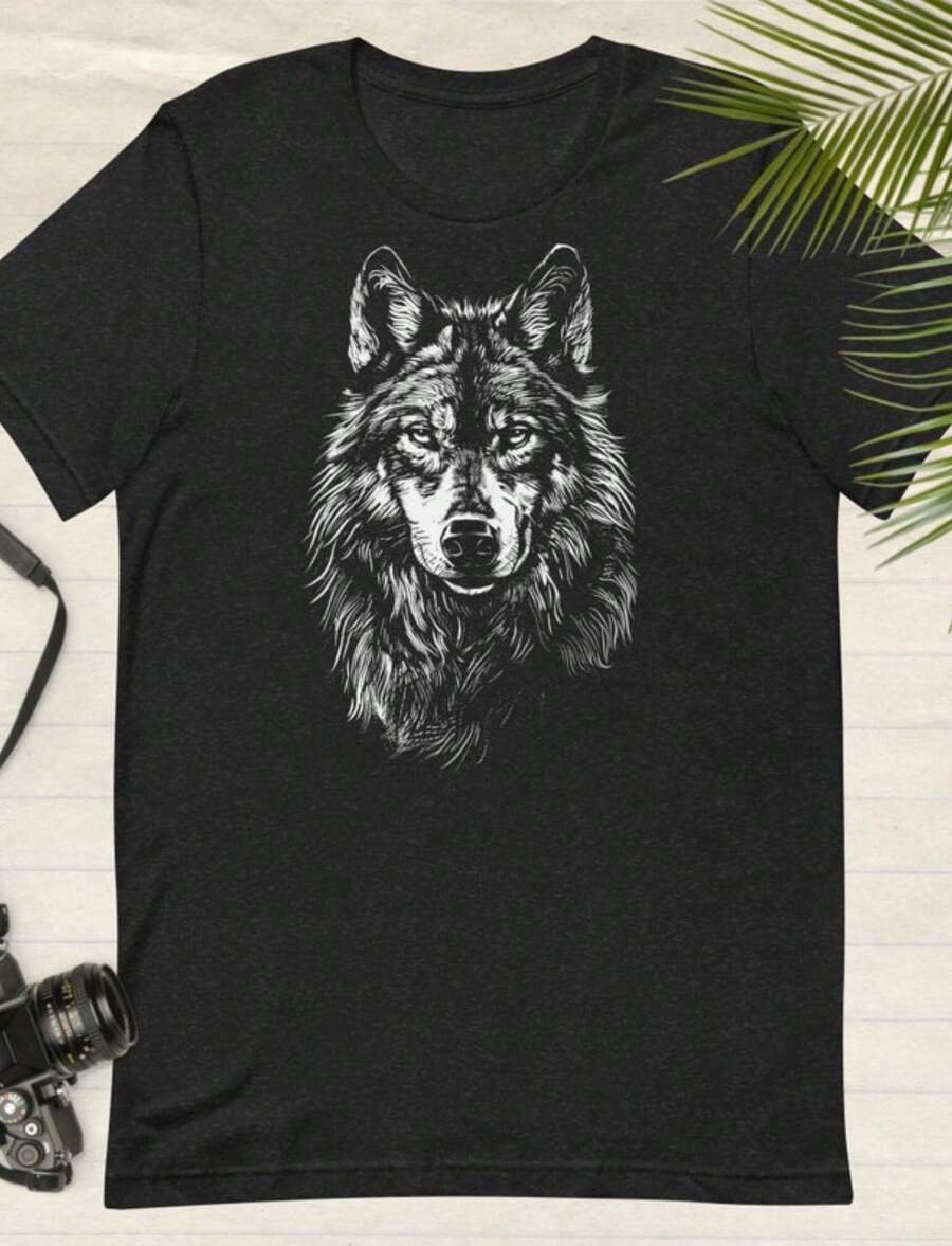 Wolf T-Shirt Detailed Graphic Sketch Of Wolf Portrait T-Shirt Elegant Minimalist Graphic Wolf Tee Wo - 黑色 - 查看 1