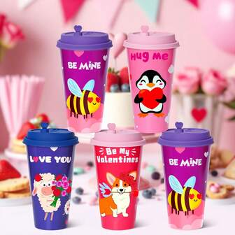 4 st 16oz återanvändbara partymuggar, plastmuggar i hjärtform med mönster av hundar, bi, får och pingviner, med lock, dekorationer till bröllopsdagsfesten