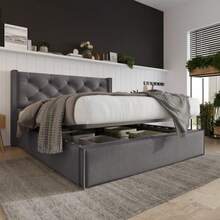 Hydraulic Single Upholstered Bed 90x200cm, Bed With Slatted Base Made Of Metal Frame, Modern Bed Frame With Storage Space, Cotton, Grey - Gray 10 - View 8