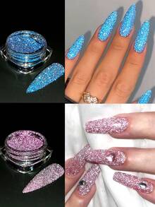 8/6/4pcs Reflective Nail Powder, Gold, Silver, Pink, Glitter In The Dark, Holographic Nail Design, Y2K Party, Cute And Charming Nail Decoration, DIY Nail Salon Nail Supplies - Multicolor - View 8