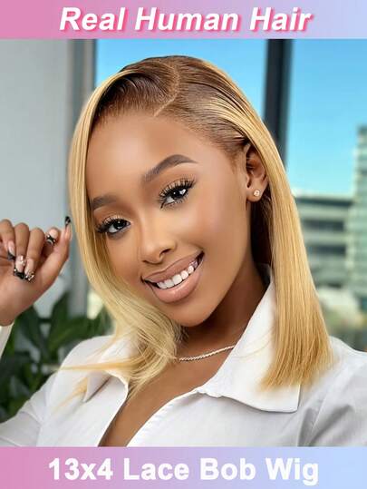 Honey Blonde Ombre Straight Bob Wig Human Hair 13x4 Lace Frontal Pre-Plucked Human Hair Short Bob Wigs 150% Density For Women Natural Hairline T1B/27 Highlight Honey Blonde