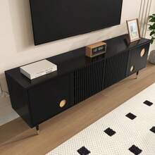 TV Cabinet, TV Furniture With A Lattice Structure, Hidden Handles, And Gold Decor. Living Room Furniture. Two Solid Wood Doors. - Black - View 8