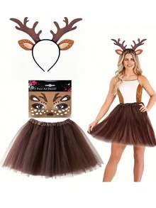 3PCS Ladies Christmas Reindeer Costume Accessory Set - 3-Piece Christmas Antler Headband, Tutu And Face Tattoo Stickers - Perfect For Christmas Festive Cosplay Parties