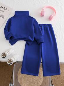 Chatreadl Set de 2 buc. hanorac și pantaloni în culori solide cu broderie unicorni pentru fete, design minimalist, confortabil pentru primăvară, toamnă și iarnă - Albastru regal - Vizualizare 2