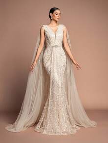 Elegant Women's Sleeveless V-Neck Maxi Formal Dress With Contrast Sequin And Mesh Details, Perfect For Party And Evening Events - 香檳色 - 查看 8