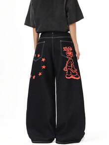 1件 Justice Brother 休闲个性化印花黑色宽松阔腿牛仔裤，男女通用街头风通勤裤（不含腰带和配饰） - 深色水洗藍 - 查看 7