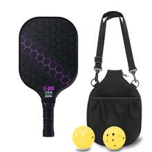 玻璃纤维匹克球拍套装，包含2支球拍、2个40孔匹克球、2个26孔匹克球和1个黑色球包。装备齐全，包含球、球包和配件。这款玻璃纤维石墨匹克球拍套装适合男士、女士、儿童和成人使用。球拍可任选。