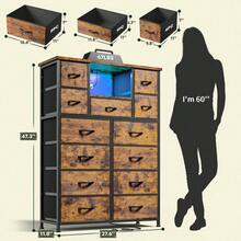 EnHomee 47" Tall 13-DrawerDresser With 4 Charging Ports And  LED Light , Fabric Organizer With Open Shelves & Wood Top For Multi-Room Use, Rust Brown - 查看 7