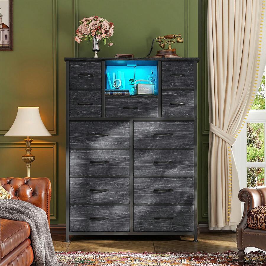 EnHomee 47" Tall 13-DrawerDresser With 4 Charging Ports And LED Light , Fabric Organizer With Open Shelves & Wood Top For Multi-Room Use, Black - 黑色 - 查看 1