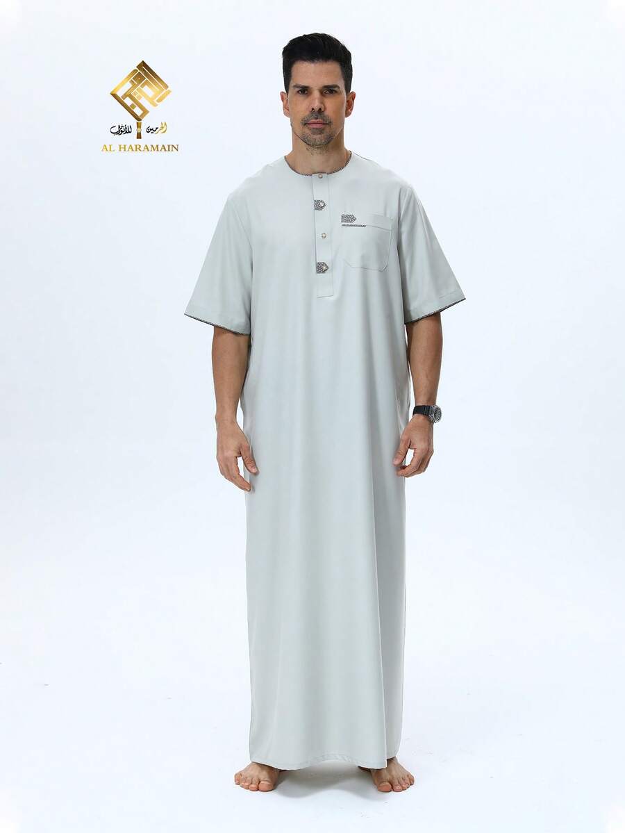 AL HARAMAIN 2025年畅销最新柔软抗起球材质高端阿拉伯男士长袍，摩洛哥时尚短袖圆领纽扣设计长袍，祈祷服