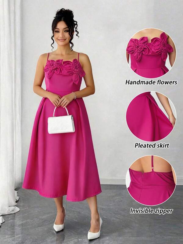 Plus Size Women's Solid Color Elegant Dress, Handmade 3D Floral Design, Waist Pleated Slimming, Structured Tailoring, Suitable For Formal Dinner, Party, Gala, Holiday, And Everyday Wear