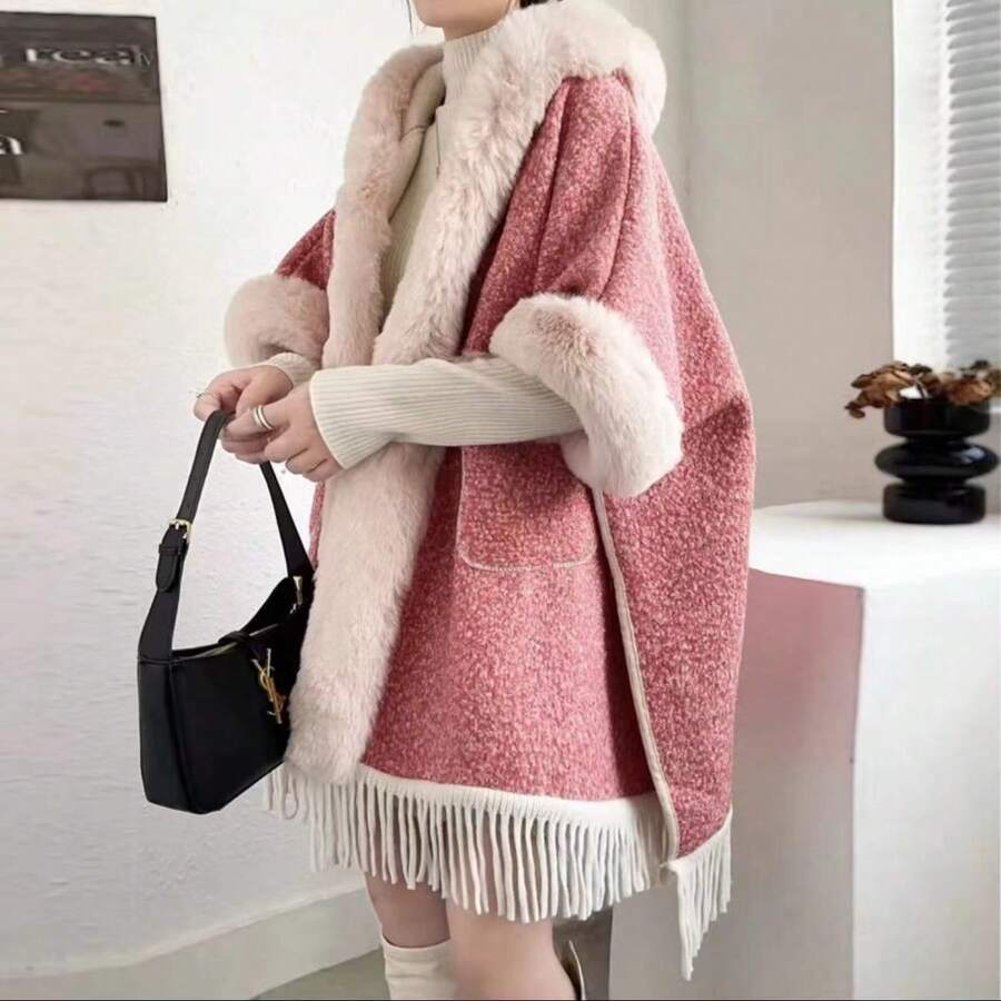 Cardigan oversize en laine, doublé polaire, à col châle épais, poches et franges. - Rose rose - Voir 1
