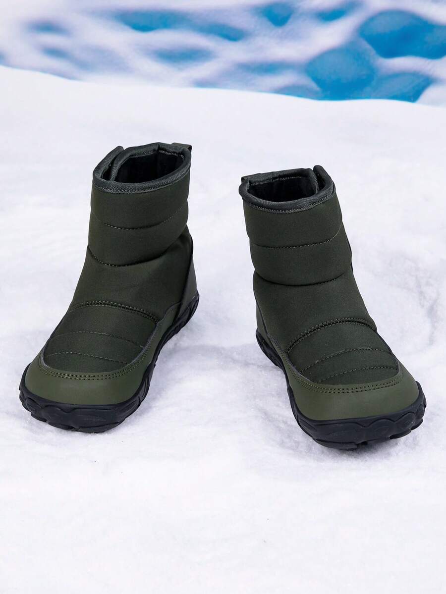 1雙秋冬款兒童純色極簡魔鬼氈易穿保暖雪地靴,適合戶外旅行與學校活動 - 軍綠色 - 查看 1