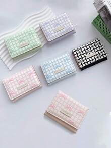 1个可爱蝴蝶结条纹女士迷你钱包，简约短款女士钱包，复古时尚小零钱包，时尚配饰，女士生日礼物，迷你钱包，零钱包，极简风格卡包，纤薄轻巧便携，可装现金、纸币、身份证、信用卡等，生日礼物 - 彩色 - 查看 3