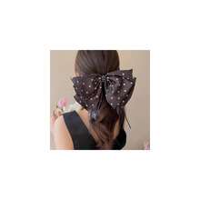 Large Chiffon Silk Hair Bow For Women Mesh Big Bows Hair Clips With Pearls Crystal Tulle Hair Barrettes Long Tail Bowknot Hair Accessories (Polka Dot Black)PolkaDotBlack - 波爾卡圓點黑色 - 查看 1