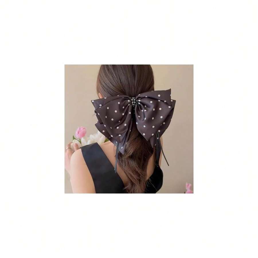 Large Chiffon Silk Hair Bow For Women Mesh Big Bows Hair Clips With Pearls Crystal Tulle Hair Barrettes Long Tail Bowknot Hair Accessories (Polka Dot Black)PolkaDotBlack - 波爾卡圓點黑色 - 查看 1