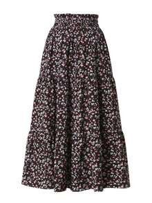 Falda maxi de cintura alta con volantes y estampado floral negro tipo ditsy, falda de verano bohemia y fluida para vacaciones - Negro - Ver 9