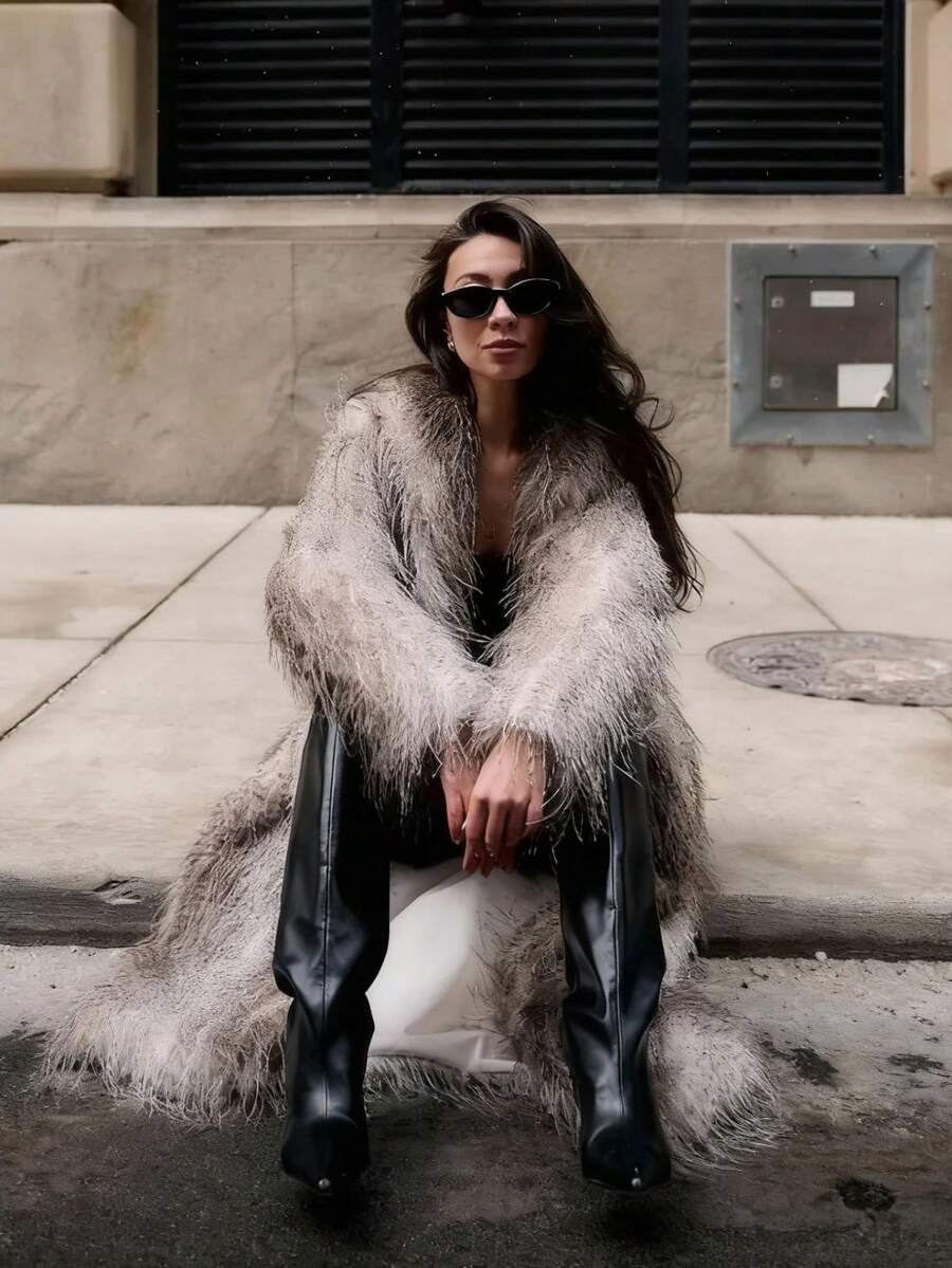 Damen luxuriöser Kunstpelz Mantel mit Strickjacken-Kragen, Fransen und strukturierten Details, normale Ärmel für eleganten Winter