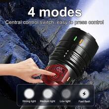 68,000,000 Lumens Super Bright Portable LED Flashlight, 4 Modes, Smart Fast Charging, Long Beam Distance, Adjustable Zoom, Suitable For Camping, Fishing And Other Outdoor Activities, Smart Digital Display, Backup For Power Outage, Exploration And Cycling - Black - View 3