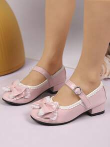 1双儿童高跟皮鞋，适合春秋季穿着，女童新款软底时尚百搭低帮蝴蝶结鞋，女童学校演出鞋，公主鞋