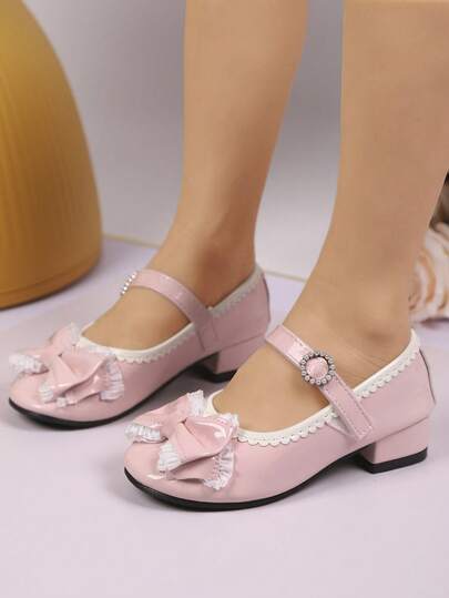 1 Pair Children's High Heel Leather Shoes, Suitable For Spring And Autumn, Girls' New Soft Bottom Fashion Versatile Low Vamp Bowknot Shoes, Girls' School Performance Shoes, Princess Shoes