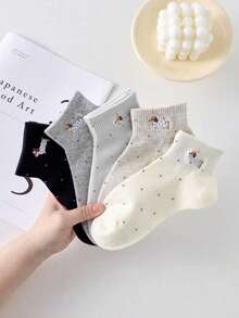 5pairs Women Polka Dot Sausage Dog Pattern Casual Ankle Socks Short Socks For Daily Decoration, Suitable For All Seasons, Shipped Randomly