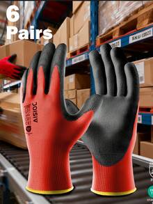 6双超薄PU涂层工作手套 - 防滑抓握，透气针织袖口，防静电，舒适适用于园艺、木工和仓库作业