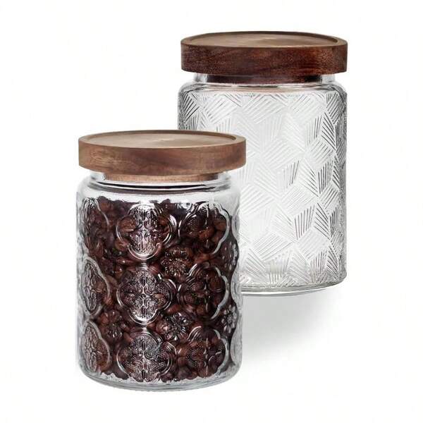 Vintage Glass Airtight Storage Jar, Glass Jar Canister With Wooden Lid Candy, Coffee Tea Beans, Oats, Flour, Grains2 Pcs