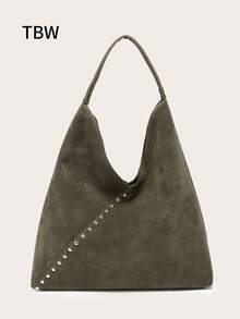 Women's Shoulder Bag/Handbag, Brown Suede, Large Capacity, Decorated With Rivets, Vintage Versatile Commuter Style, Suitable For Autumn/Winter Outings. - Army Green - View 6