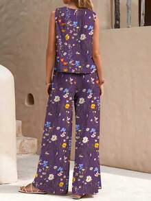 Bộ áo tank top cổ tròn in họa tiết, cạp chun và quần dài cho nữ, thích hợp cho mùa hè. - Màu tím - Xem 2