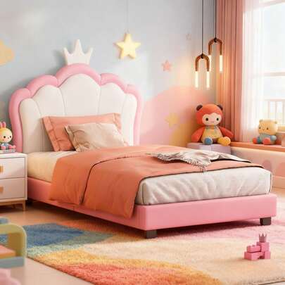 Twin Size Upholstered Princess Bed With Crown Headboard, Cream And Pink PU Leather Platform Bed For Kids, Solid MDF Frame With 12 Poplar Slats, 250 Lbs Capacity, Raised 2.8" For Easy Cleaning
