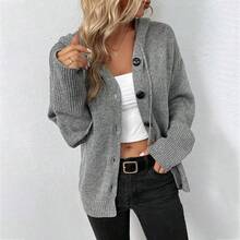 Women's Button Front Drawstring Hooded Cardigan - Drop Shoulder Long Sleeve Knit Sweater For Fall & Winter Daily Wear  Button Front    Long Sleeve - Negro - Ver 2