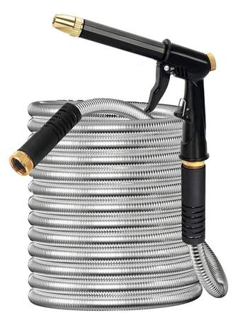 1 Piece Of Metal Garden Hose, 25 Foot Stainless Steel Heavy-Duty Water Pipe With Nozzle, 3/4 Solid Brass Fittings, Outdoor Courtyard Non Twisted Leak Proof Water Pipe