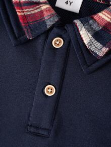 男童经典休闲时尚二合一卫衣，格子拼接Polo领长袖衬衫，适合日常外出、旅行、聚会、户外活动