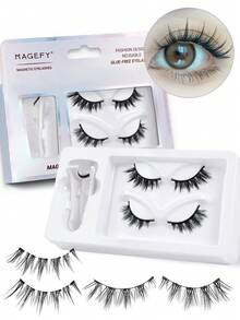 MAGEFY Kit de 2 perechi de gene magnetice fără lipici cu clipsuri magnetice, stil mixt, gene false reutilizabile cu aspect natural, gene false de nurcă de 6-13 mm pentru purtare zilnică, impermeabile, gene comice, coadă alungită care mărește ambii ochi, subțiri pentru utilizare zilnică, gene manga, articole esențiale pentru călătorii, vacanță la plajă, excursie cu cortul, petrecere de nuntă și întâlnire de lucru zilnică în club.