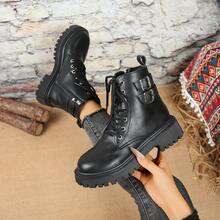 时尚黑色靴子，厚底增高，系带+侧拉链，街头风踝靴，搭扣，正装靴 - 黑色 - 查看 2