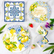 Green Leaf Lemon Happy Birthday Disposable Plate, Napkin, Cup Set, Plates, Napkins And Cups Party Supplies, Serves 8 Guests, Disposable Paper Plates Party Tableware Suitable For Birthday, Wedding, Theme Party, Family Picnic - Multicolor - View 4