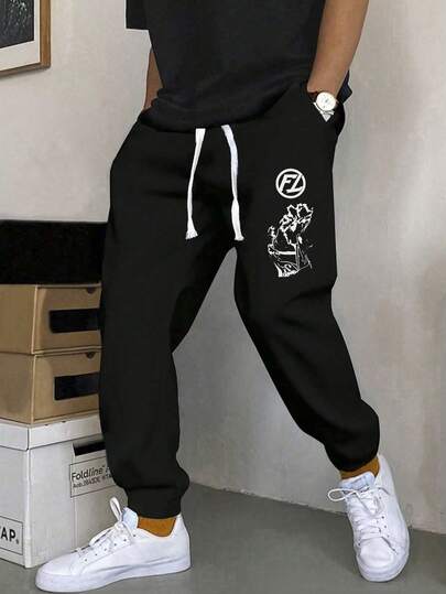 1 pieza Pantalón de chándal con estampado y cintura con cordón, talla grande unisex, casual para uso diario, ir y venir, deportes, exterior