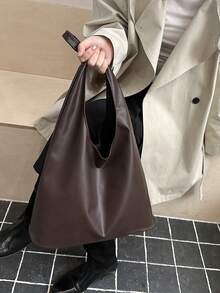 Women's Solid Color PU Leather Fashion Large Capacity Shoulder Bag For Daily Use - Coffee - View 3