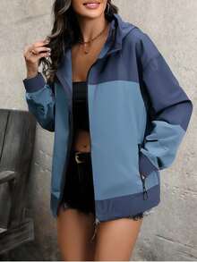 Women's Outdoor Hooded Jacket, Long Sleeve Zipper Design, Suitable For Outdoor Casual Wear - 藍色 - 查看 1