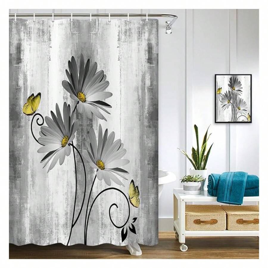 Rustic Farmhouse Shower Curtain, Farm Gray Grey Daisy Floral Flowers And Butterfly On Country Wooden Shower Curtain For Bathroom, Gray White Yellow Shower Curtain With 12PCS Hooks, 47X64IN - 多色557 - 查看 1