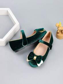 Girls' Fashionable Flat Velvet Bow Outdoor Shoes, Autumn/Winter - Green - View 2