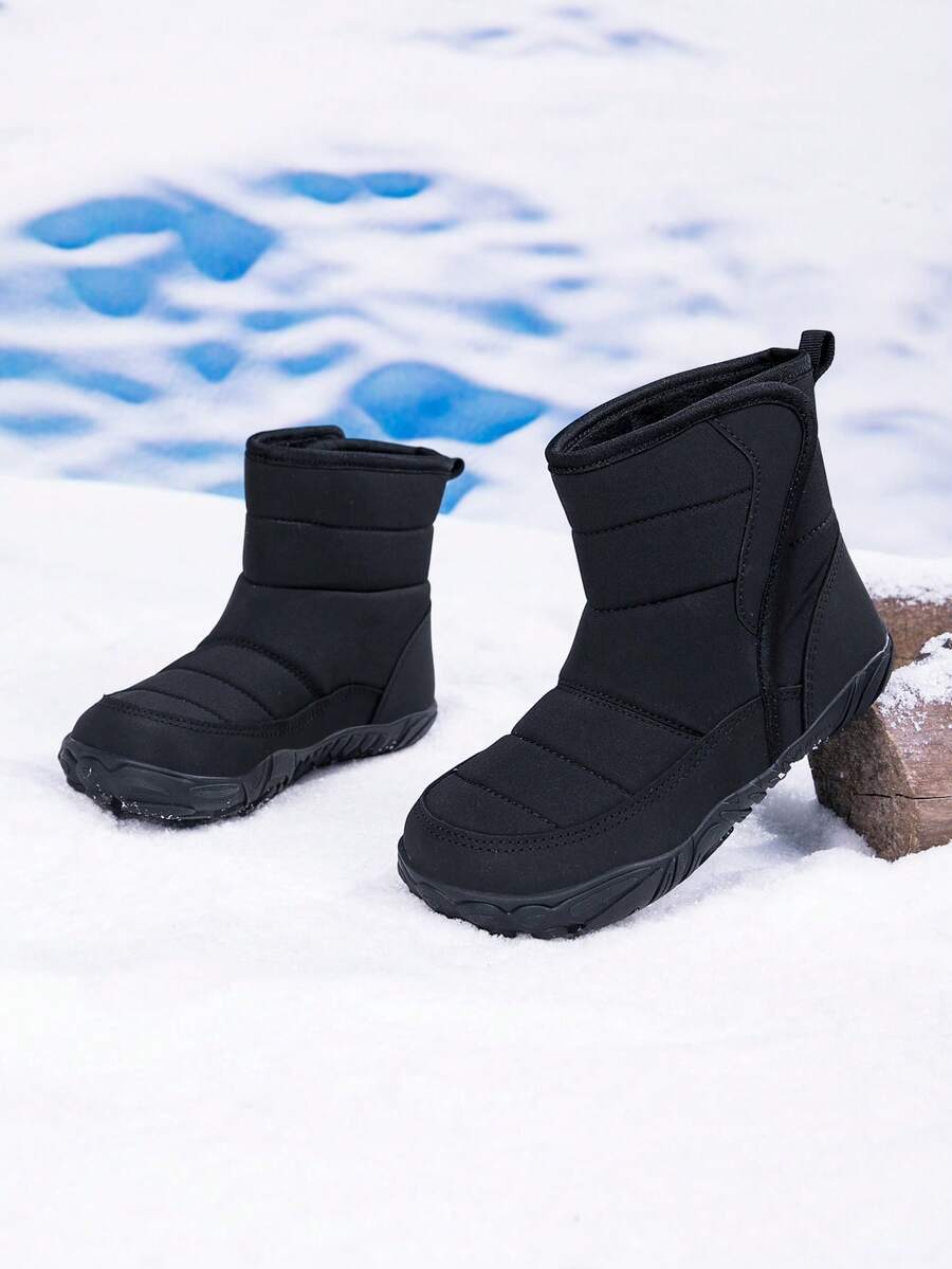 1雙秋冬款兒童純色極簡魔鬼氈易穿保暖雪地靴,適合戶外旅行與學校活動 - 黑色 - 查看 1