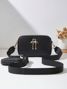 2pcs/Set Embossed Swan Decor Shoulder Crossbody Bag, Fashion Small Square Bag Charm & Coin Purse - Black - View 2