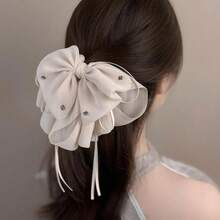 Large Chiffon Silk Hair Bow For Women Mesh Big Bows Hair Clips With Pearls Crystal Tulle Hair Barrettes Long Tail Bowknot Hair Accessories (Crystal White)CrystalWhite - 水晶白 - 查看 6