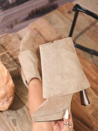 여성 앵클 부츠, 살구 스웨이드 질감, 청키 힐, 웨스턴 스타일, 옆 지퍼, 파티 및 휴가에 적합, 가을/겨울