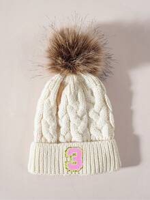 1pc White Knitted Hat With 0-9 Number Patches, Warm Ski Cap For Kids Boys Girls, Y2K Style Outdoor Winter Beanie, Versatile Casual Cold Weather Hat, Suitable For Costume - White - View 3