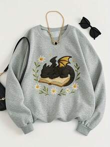 Women'S Black Fantasy Dragon On Book Graphic Sweatshirt - Cozy Pullover With Floral & Starry Night Design, Soft Round Neck Long Sleeve Casual Sweater For Book Lovers & Dragon Enthusiasts, Spring/Fall Literary Inspired Apparel, Fall Sweatshirt For Women, Fall Clothe For Women, Women' Sweatshirt, Sweater For Women, Women Fall Clothe - 淺灰色 - 查看 5